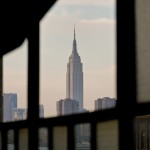 Empire State Building seen through the window of a dance studio in Brooklyn