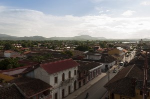 A street in the colonial town of Granada, photographed from a church tower.